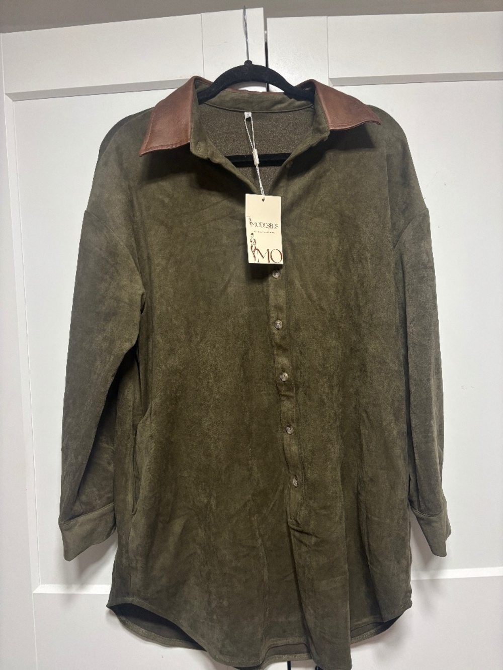 NWT Modesees Olive Green Faux Suede Button-Up Shirt Dress & Faux Leather Collar